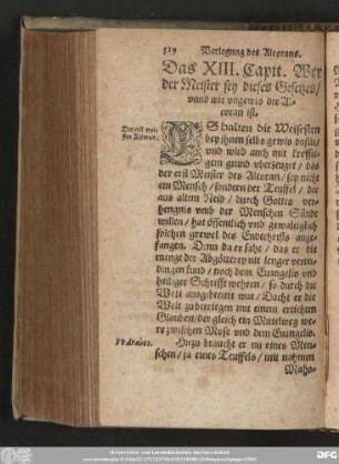 Das XIII. Capit. Wer der Meister sey dieses Gesetzes/ unnd wie ungewis der Alcoran ist.