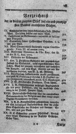 Verzeichniß der in diesem zweyten Stück des ein und zwanzigsten Bandes recensirten Bücher.