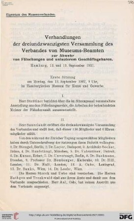 23: Verhandlungen der ... Versammlung des Verbandes von Museums-Beamten zur Abwehr von Fälschungen und Unlauterem Geschäftsgebaren