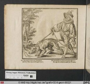 Ein Jäger verfolgt mit einem angeleinten Hund eine Fährte nach links.