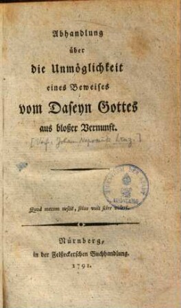Abhandlung über die Unmöglichkeit eines Beweises vom Daseyn Gottes aus bloßer Vernunft