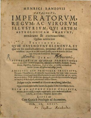 Henrici Ranzovii Catalogvs, Imperatorvm, Regvm, Ac Virorvm Illvstrivm, Qvi Artem Astrologicam Amarvnt, ornârunt & exercuerunt