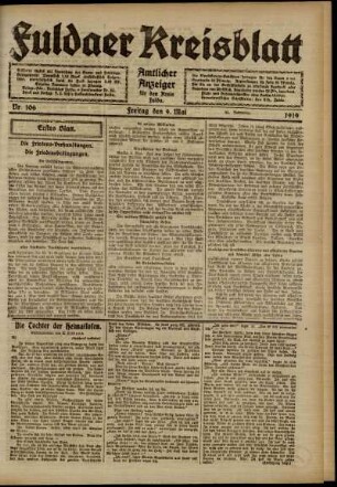 Erste Ausgabe vom Freitag, den 09. Mai 1919.