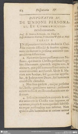 Disputatio IV. De Unione Personali, Et Communicatione idiomatum