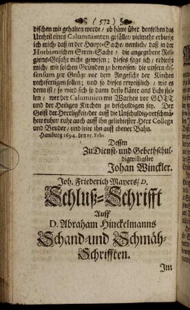 Joh. Friederich Mayers/ D. Schluß-Schrifft Auff D. Abraham Hinckelmanns Schand-und Schmäh-Schrifften.