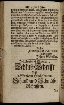 Joh. Friederich Mayers/ D. Schluß-Schrifft Auff D. Abraham Hinckelmanns Schand-und Schmäh-Schrifften.