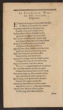 In Isocratem Wolfii, GvI. Canteri Elegiacum.
