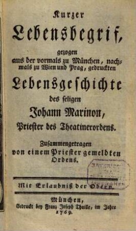 Kurzer Lebensbegriff ... des seel. Johannis Marinon