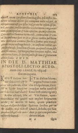 In Die D. Matthiae Apostoli Lectio Actorum cap. I. a vers. 15. usq[ue] ad finem capitis.