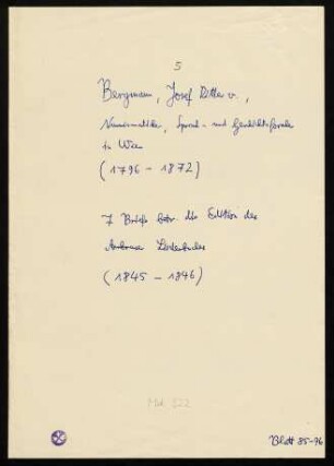 Briefe von Joseph Bergmann an Franz Pfeiffer, Literarischer Verein Stuttgart