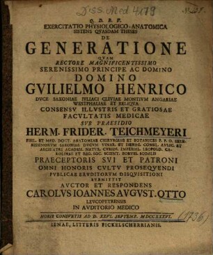 Exercitatio Physiologico-Anatomica Sistens Qvasdam [Quasdam] Theses De Generatione