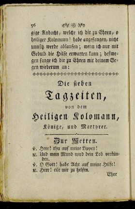 Die sieben Tagzeiten, von dem Heiligen Kolomann, Könige, und Martyrer.