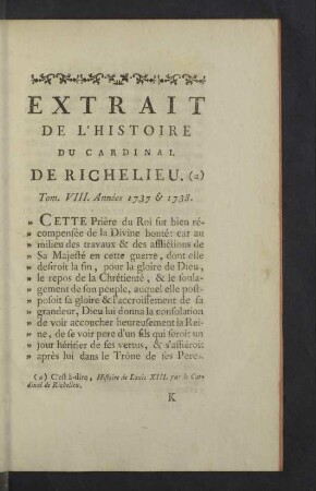 Extrait de l'histoire du Cardinal de Richelieu.