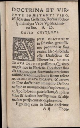 Doctrina Et Virtvte Præstanti Viro, M. Martino Gestritio, Rectori Schole in Inclyta Vrbe Vpsalia, amico suo.