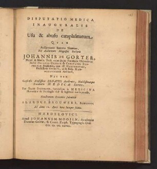 Disputatio Medica Inauguralis De Usu et abusu cataplasmatum
