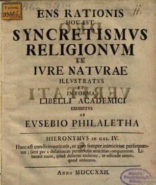 Ens rationis, hoc est Syncretismus religionum