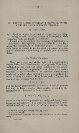 On critical and Spencian functions, with remarks upon Spence's theory.