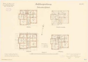 Kaserne für das Luftschiffer-Bataillon, Berlin-Jungfernheide: Verheirateten-Gebäude: Grundriss Kellergeschoss, Erdgeschoss, 1. Obergeschoss, Dachgeschoss, Sparrenlage 1:100