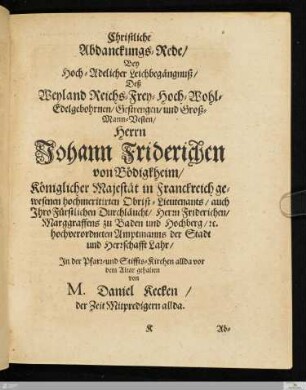 Christliche Abdanckungs=Rede