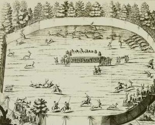 Geschichte der Jagd. Hauptjagd. Kupferstich. Reproduktion aus: Hans Friedrich von Fleming "Der Vollkommene Teutsche Jäger", 1719