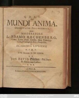 De Mundi Anima, Dissertatio Philosophica