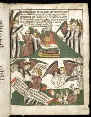 (1) Der dritte der drei Engel warnt vor dem Zorn Gottes, das Lamm auf dem Berg mit dem brennenden Altar (Apc. XIV, 9-12 (2); (2) Die Seligpreisung der im Glauben an Gott Gestorbenen (Pac. XIV, 13).