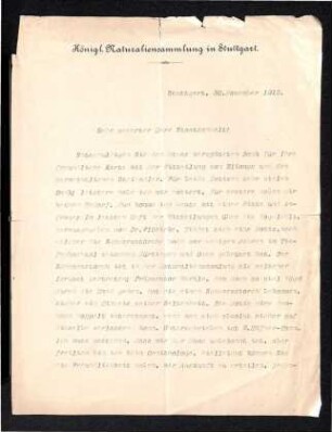 Brief von Lampert (Königliche Naturaliensammlung Stuttgart)