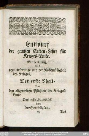 Entwurf der gantzen Sitten-Lehre für Krieges-Leute.