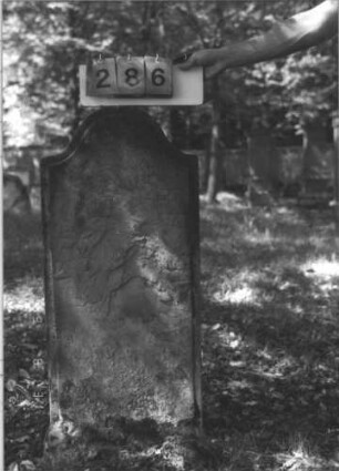 Grabstein 286 (Index: 99609923) Material: Sandstein Zustand: völlig verwittert, abgeblättert, vollständiger Textverlust Maße HxBxT: 105x44x9 cm Beschreibung: Stele, Konvexbogenabschluß, Schriftfeld erhaben: Grabstein 286