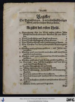 Register der Betrachtungen, so in diesen fünfftheiligen Werck, und in welchen Blat zu finden.