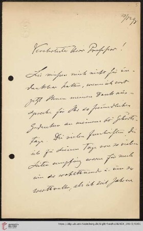 Nachlass Alfred Hettner, Eingegangene Briefe, Korrespondenz Wilhelm Reiss/Alfred Hettner: Brief von Wilhelm Reiss an Alfred Hettner