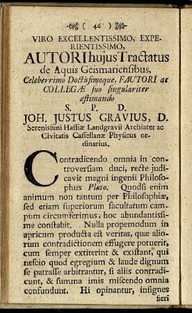 Viro Excellentissimo, Experientissimo Autori hujus Tractatus de Aquis Geismariensibus,