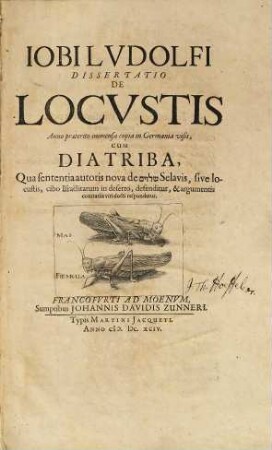 Iobi Lvdolfi Dissertatio de locvstis anno praeterito immensa copia in Germania visis : cum diatriba, qua sententia autoris nova de salwjm selavis, sive locustis, cibo Israëlitarum in deserto, defenditur, & argumentis contrariis viri docti respondetur
