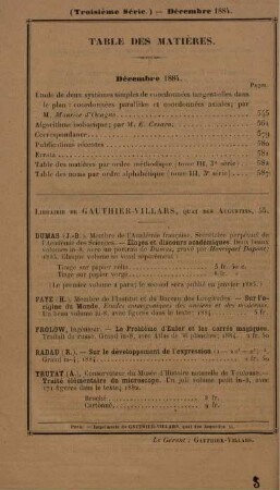 Table des matières. Décembre 1884.