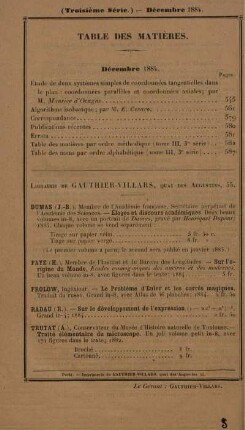 Table des matières. Décembre 1884.