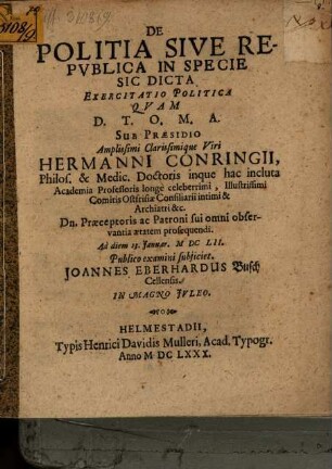 De politia sive republica in specie sic dicta exercitatio politica
