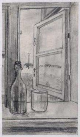 Flasche und Glas am Fenster