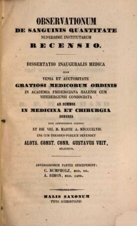 Observationum de sanguinis quantitate nuperrime institutarum recensio : dissertatio inauguralis medica