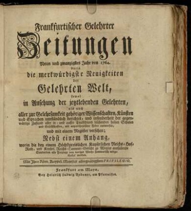 29: Frankfurtischer gelehrter Zeitungen Neun und zwanzigstes Jahr