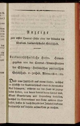 Anzeige zum ersten Quartal-Hefte 1822 der Annalen der Mecklenb. Landwirthschafts-Gesellschaft