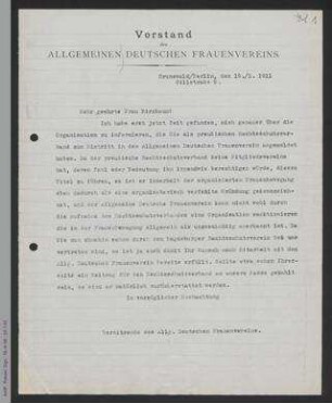 Brief von Helene Lange an Johanna Birnbaum