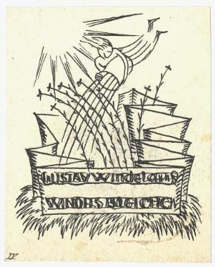 Exlibrisstudie für Gustav Windel : Eine fliegende Figur gießt hochgewachsene Flachspflanzen, neben der Figur stilisierte Sonnenstrahlen, Szene von einem Spruchband mit dem Namenszug umgeben; nummeriert