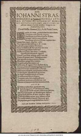 Dn. Iohanni Strasbergero in Jamneck, Nobili Styro. Ivveni Et Literis Et Moribvs Excvltissimo; synestiō Amicissimo; Ex Athenæo Salano in Patriam discessuro: Proparato hoc propemterio gratulor