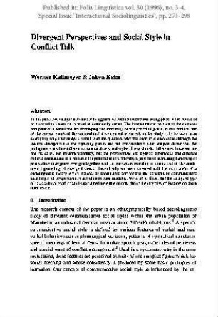 Divergent Perspectives and Social Style in Conflict Talk