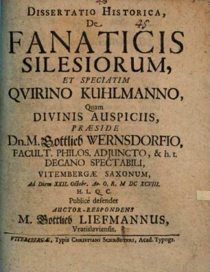 Diss. hist. de fanaticis Silesiorum et speciatim Q. Kuhlmanno