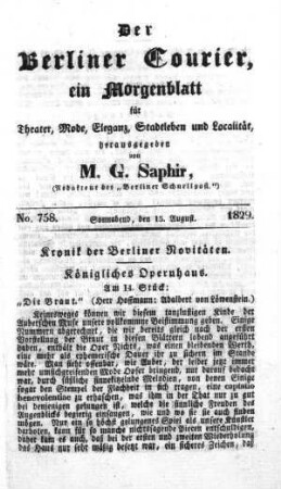 No. 758, Sonnabend, den 15. August 1829