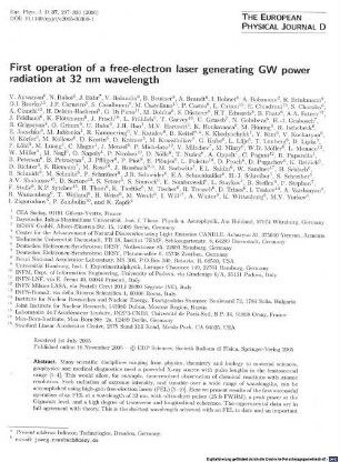 First operation of a free-electron laser generating GW power radiation at 32 nm wavelength