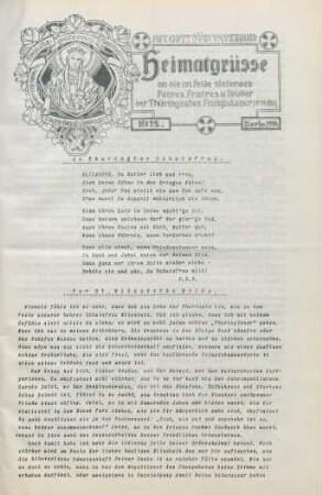 12.1916: Heimatgrüsse an die im Felde stehenden Patres, Fratres u. Brüder der Thüringischen Franziskanerprovinz