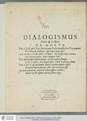 Dialogismus. Vatis & Lectoris de Morte