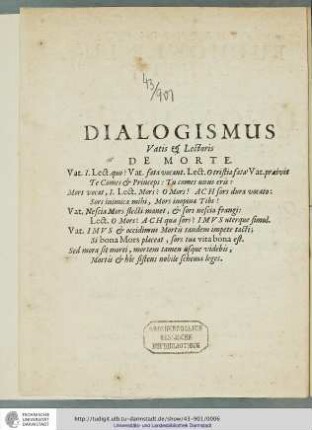 Dialogismus. Vatis & Lectoris de Morte